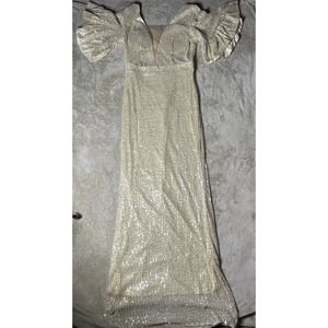 women’s Missord Mesh insert flounce Sleeve floor length Prom dress L